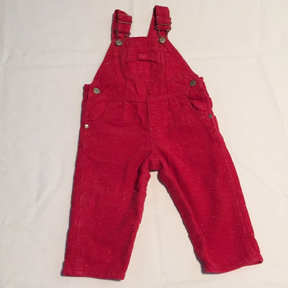 Osh kosh red glitter overalls. Size 12 mos